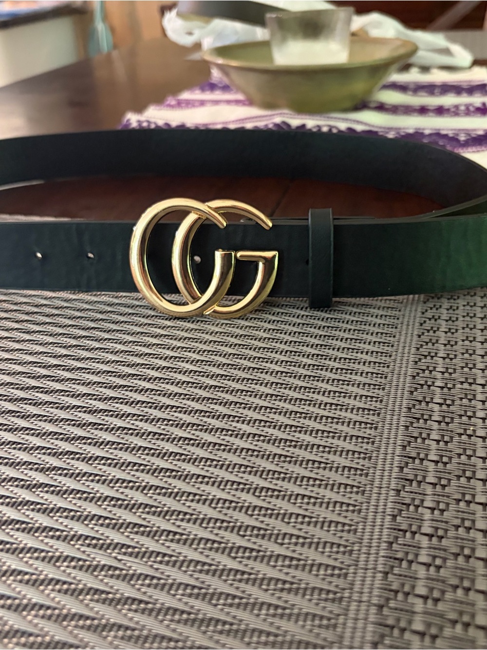 Gucci Black and Green Leather Belt with Gold Double G Buckle - Picture 2 of 5